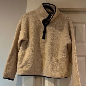 Womens J Crew size S Beige Fleece Sweater with navy trim